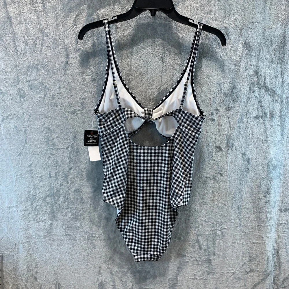 Salt & Cove Womens Gingham One-Piece Swimsuit Black White Tie Front Cutout L NEW